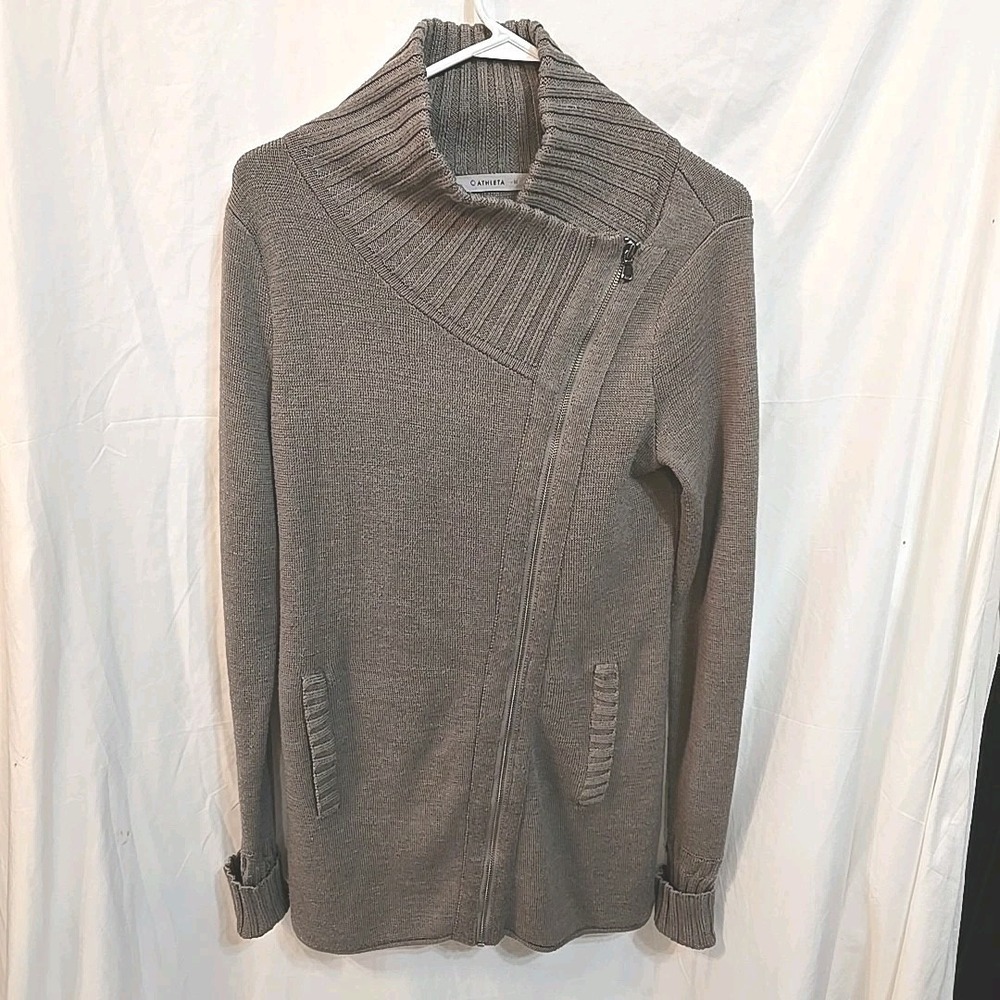 Athleta Wool Blend Women's M‎ Ribbed Asymmetrical Zip Brown Sweater Cardigan